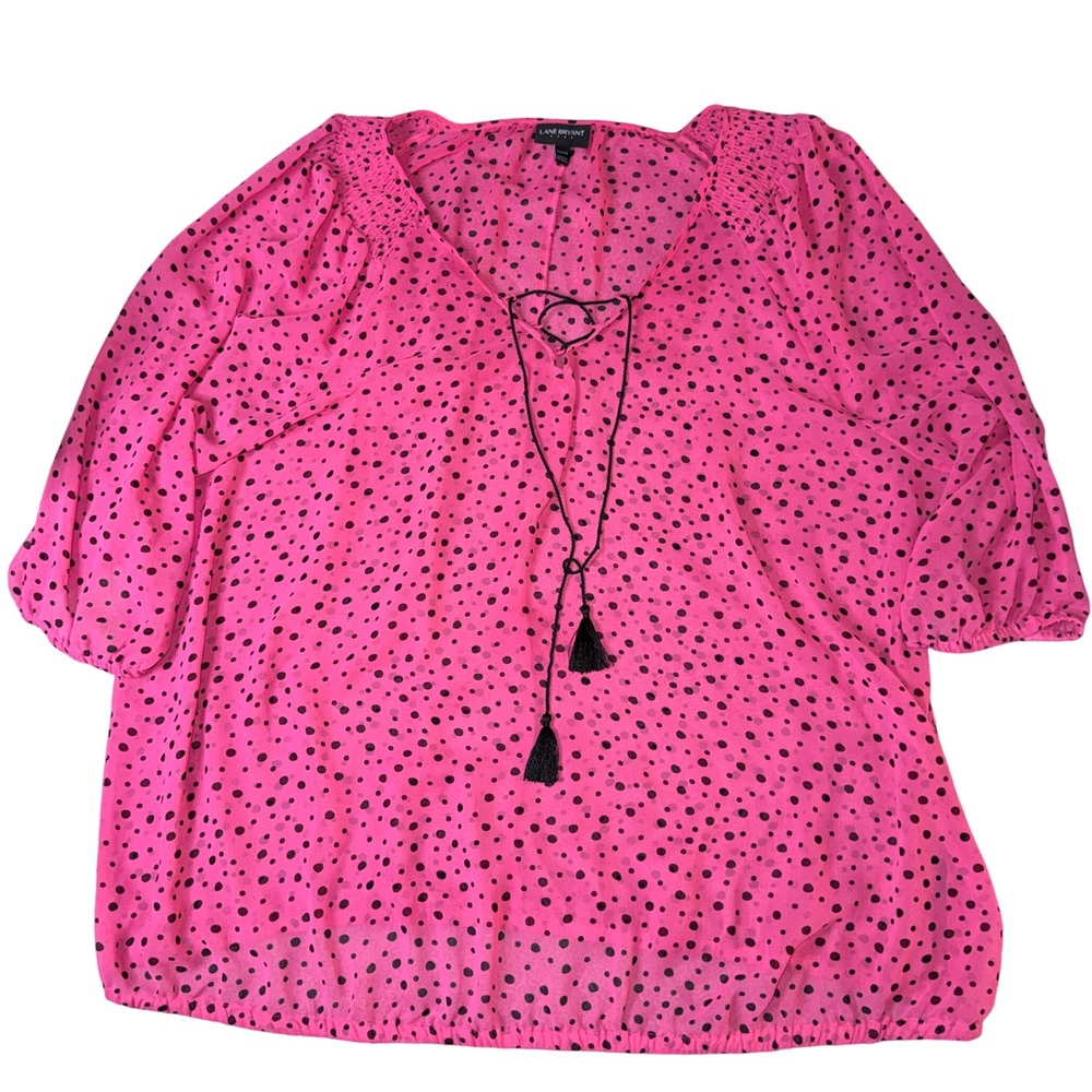 Lane Bryant‎ Pink Black Polka Dot Lace Up Tassel sheer Blouse Top 22/24